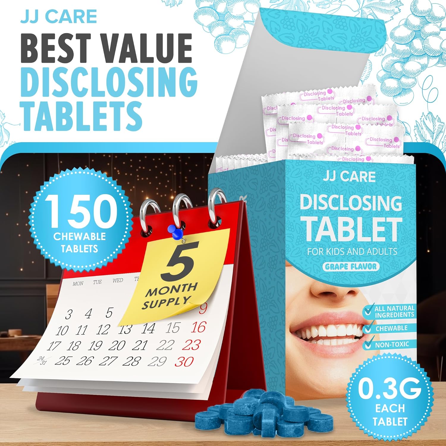 Jj Care Plaque Disclosing Tablets For Teeth - 150 Count, Individually Wrapped Plaque Disclosing Tablets For Kids Brushing Teeth, Grape Flavored Plaque Remover, Dental Care For Brushing : Health & Household