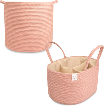 Natemia Large Rope Storage Basket And Cotton Rope Diaper Caddy - Nursery Bin And Toy Organizer Laundry Basket, Basket For Towels, Pillows And Blankets, Perfect Baby Registry Gift - Misty Rose