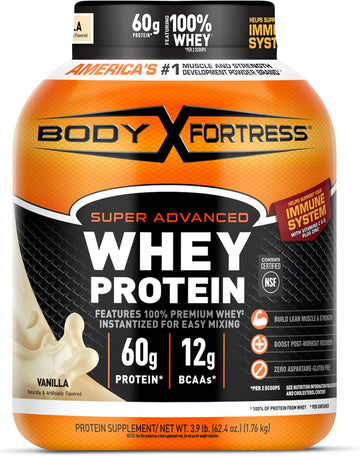 Body Fortress Super Advanced Whey Protein Powder, Vanilla, 60G Protein & 12G Bcaas Per 2 Scoops, Muscle Gain & Recovery, Immune Support With Vitamins C & D, 3.9Lbs (Packaging May Vary)