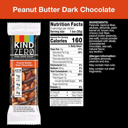 Kind Zero Added Sugar Bars, Keto Friendly Snacks, Peanut Butter Dark Chocolate, 6.2Oz Box (30 Bars)