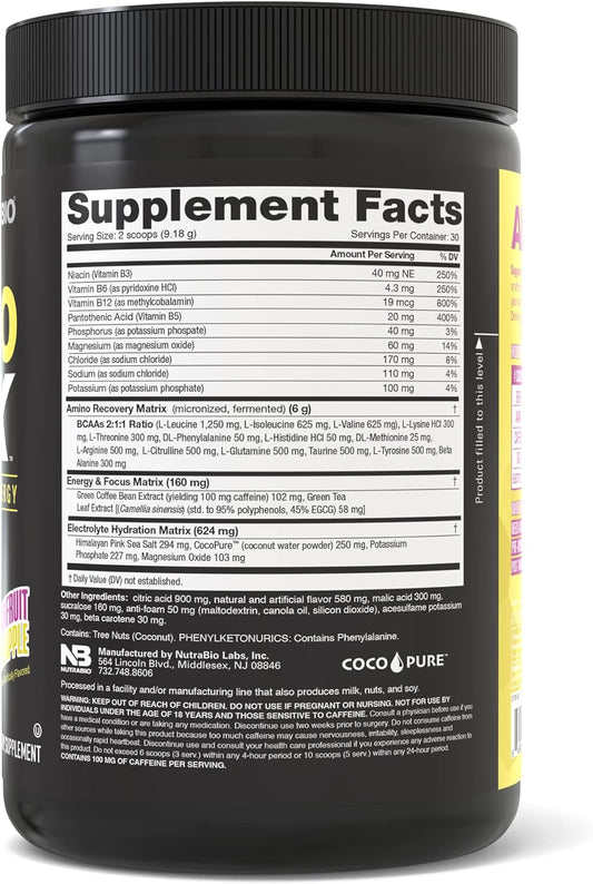 NutraBio Amino Kick - Amino Acid Energy Formula - BCAA's, Electrolytes for Hydration, Natural Caffeine- 30 Servings(Pineapple Passionfruit)