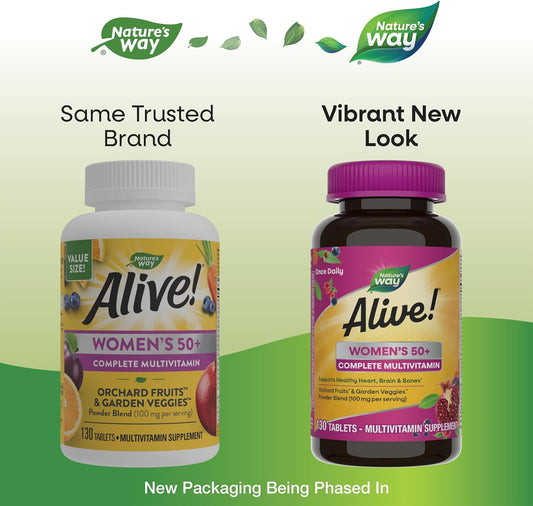 Nature'S Way Alive! Women'S 50+ Complete Multivitamin, Supports Healthy Heart, Brain, Bones*, B-Vitamins, Gluten Free, 130 Tablets (Packaging May Vary)