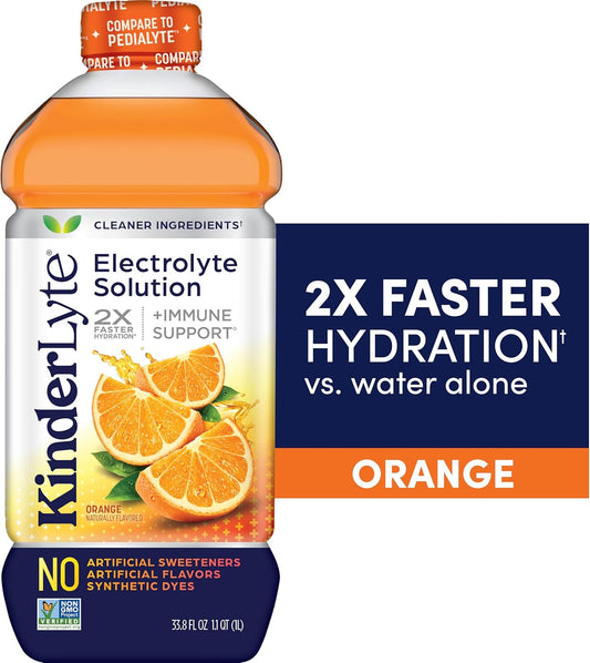 Kinderlyte Electrolyte Solution, 2X Faster Hydration Vs. Water Alone, No Artificial Sweeteners Or Flavors, No Synthetic Dyes, Orange, For Kids And Adults, 33.8 Fl Oz (Pack Of 6)