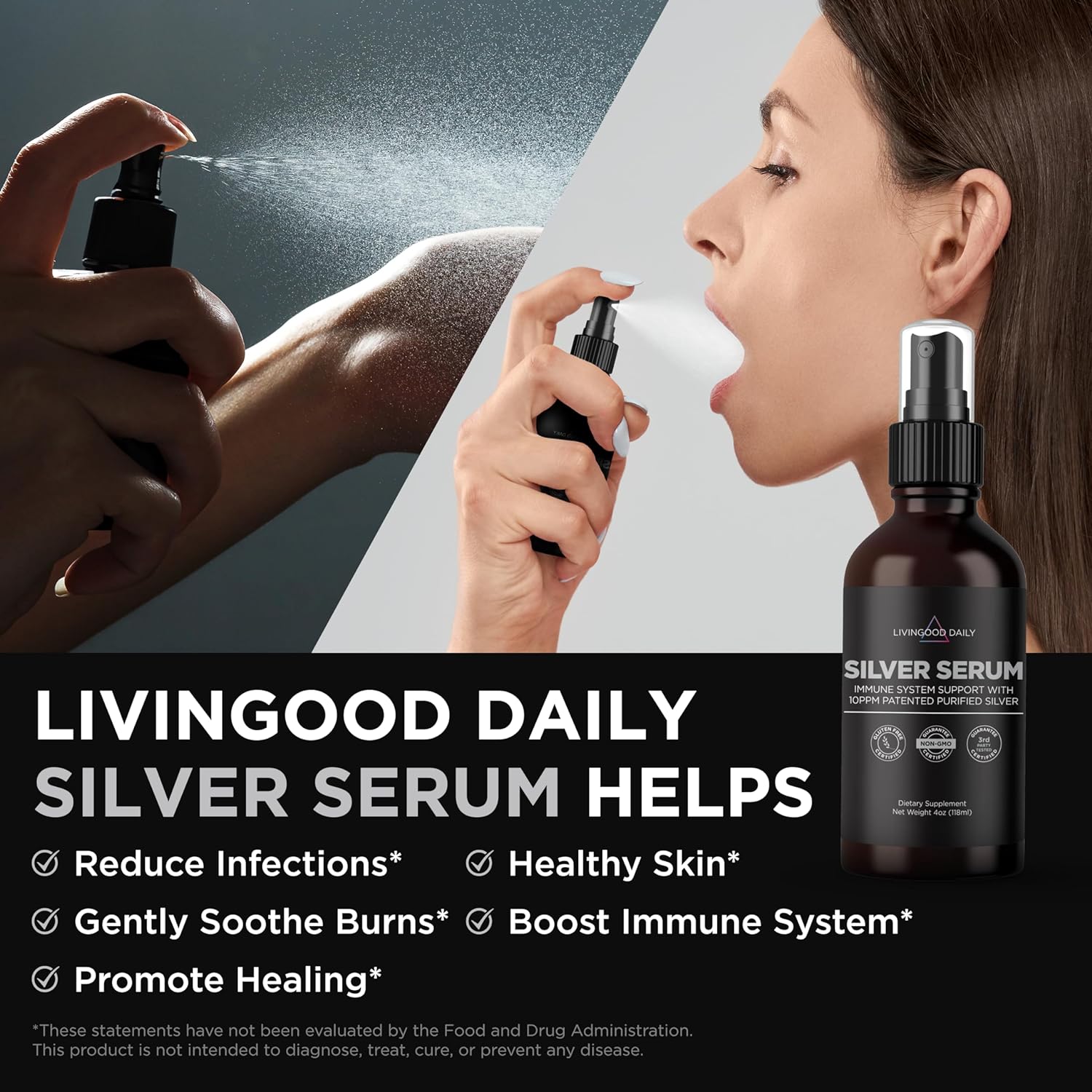 Livingood Daily Colloidal Silver Liquid Spray, Silver Serum (4 Fl Oz) - 10 PPM Colloidal Silver Spray for Eyes, Mouth, Ears, Nose & Skin - Immune Support Supplement for Urinary Health - Non-GMO, Vegan : Health & Household