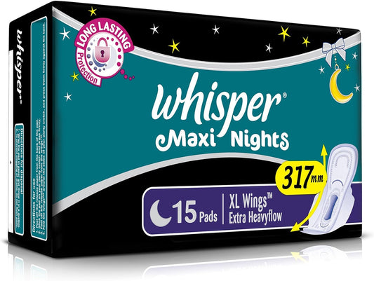 Whisper Maxi Nights Sanitary Pads for Women, XL, Pack of 15 Napkins