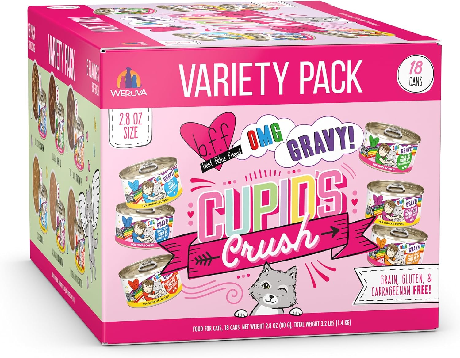 B.F.F. Omg - Best Feline Friend Oh My Gravy! Cupid'S Crush Natural Grain-Free Wet Cat Food Variety Pack, 2.8Oz Can (Pack Of 18)