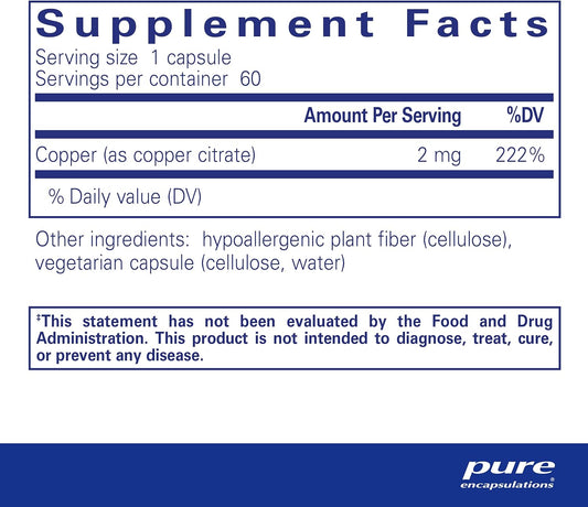 Pure Encapsulations Copper (Citrate) | Highly Bioavailable Form Of Copper | 60 Capsules