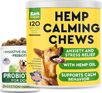 Dog Probiotics Chews + Calming Hemp Treats Bundle - Gas, Diarrhea, Allergy, Constipation, Upset Stomach Relief + Anxiety Relief - Separation Aid - Stress Relief During Fireworks, Storms, Thunder