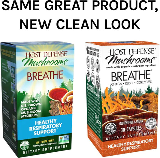 Host Defense, Breathe Capsules, Respiratory Support, Mushroom Supplement with Cordyceps, Reishi and Chaga, Unavored, 30