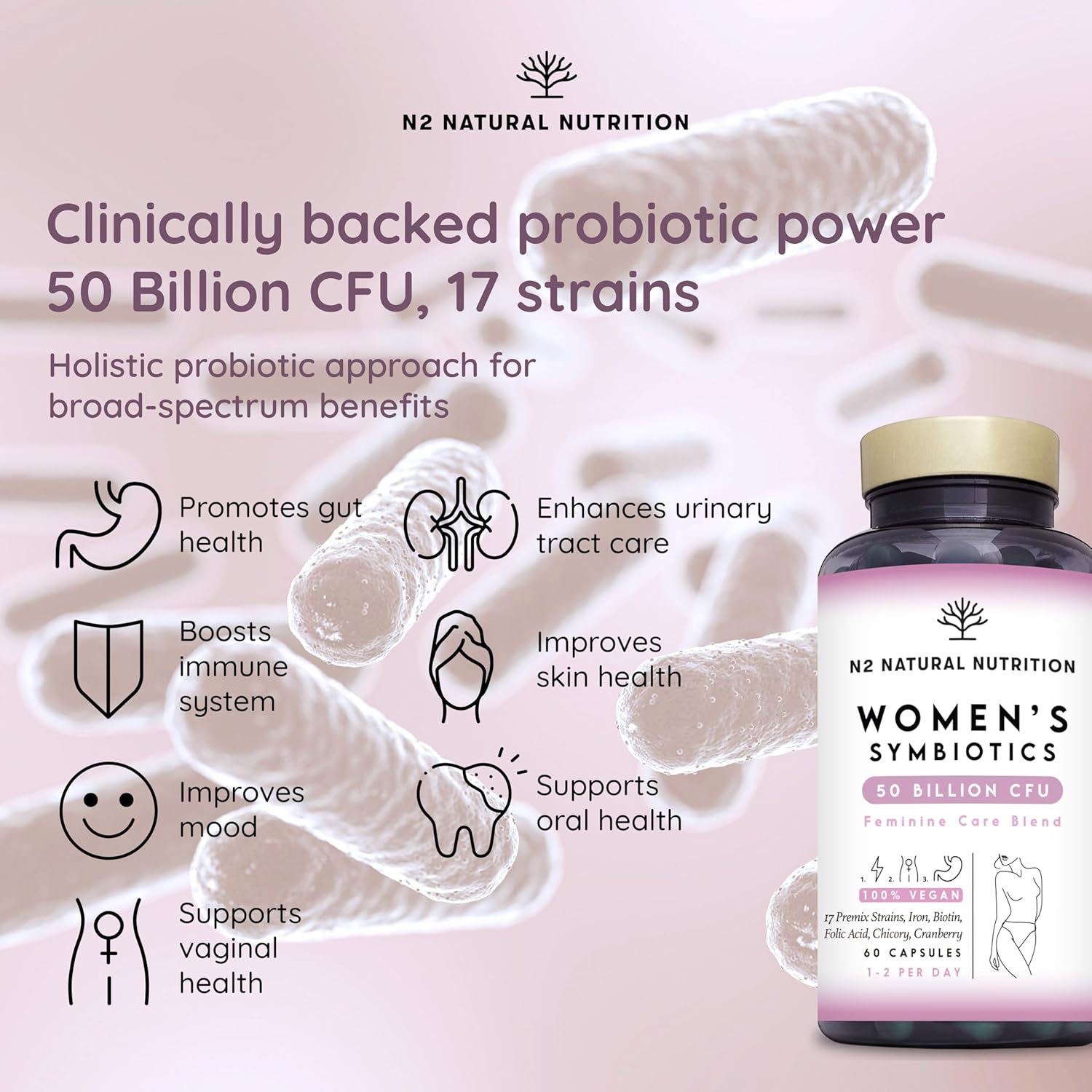 Probiotics for Women Vaginal Health | Vaginal Probiotics with 6 Strains | Strenghtens Intimate Flora & Combats Urinary or Vaginal Tract Infections. 30 Capsules. CE. Vegan. N2 Natural Nutrition : Amazon.co.uk: Health & Personal Care
