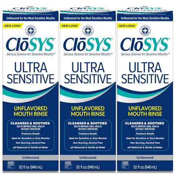 Closys Ultra Sensitive Mouthwash, Unflavored Alcohol Free, Dye Free, Ph Balanced, Helps Soothe Entire Mouth - 32 Oz (Pack Of 3)