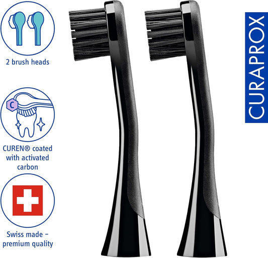 Curaprox Hydrosonic Black Is White Carbon Whitening Brush Heads, 2 Pieces - Curaprox Activated Charcoal Electric Replacement Toothbrush Heads