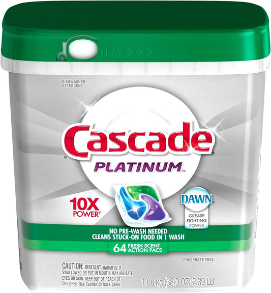 Cascade Platinum ActionPacs Dishwasher Detergent Fresh Scent, 64 Count, 2.99 Pounds