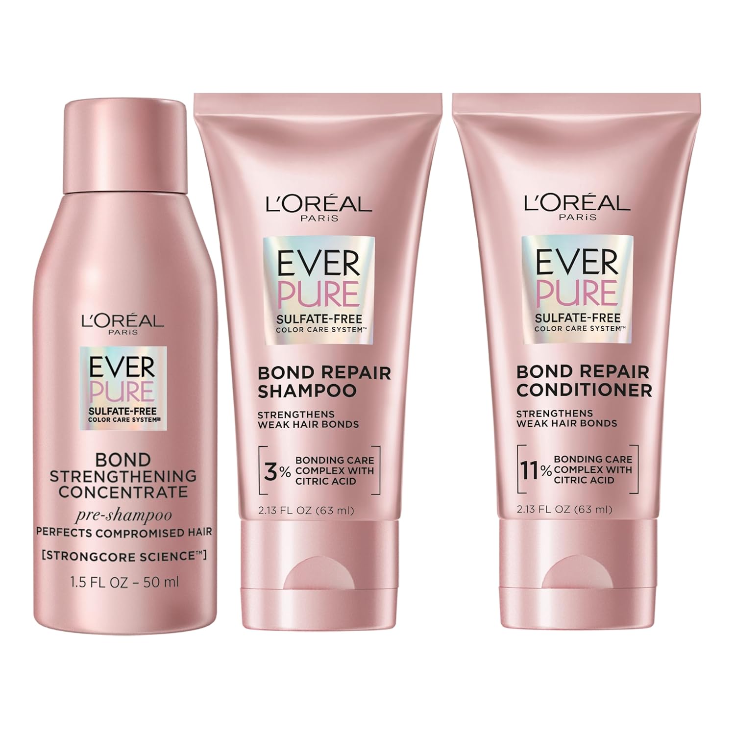 L'Oreal Paris Bond Repair Shampoo And Conditioner With Pre Shampoo Treatment, Strengthens & Repairs Weak Hair In 1 Use With System, Everpure, Travel Size Hair Products Kit