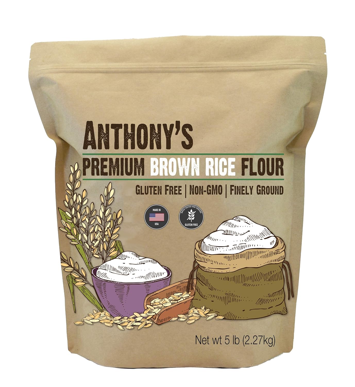 Anthony'S Brown Rice Flour, 5 Lb, Gluten Free, Non Gmo, Product Of Usa, Vegan