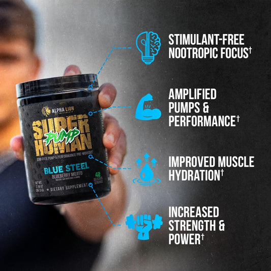 Alpha Lion Superhuman Pump Pre Workout Powder, Nootropic Caffeine & Stim Free Preworkout Supplement, Nitric Oxide Booster, Muscle Gainer, Energy & Focus (42 Servings, Blueberry Steel Flavor)