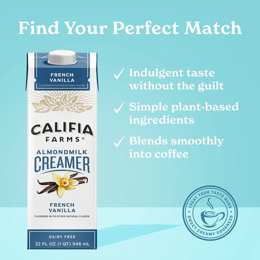 Califia Farms - French Vanilla Almond Milk Coffee Creamer, 32 Oz (Pack Of 6), Shelf Stable, Dairy Free, Plant Based, Vegan, Gluten Free, Non Gmo, Almond Creamer