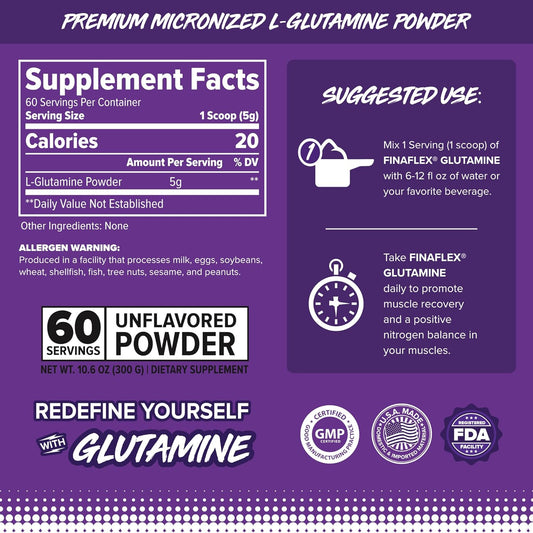 Finaflex Pure Glutamine, Unflavored - 10.6 Oz - Ultimate Muscle Recovery Powder - Reduces Muscle Breakdown & Supports Nitrogen Levels - 100% Pure L-Glutamine - 60 Servings
