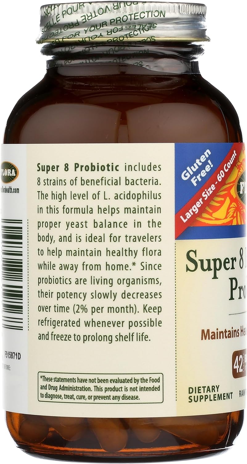 Flora - Super 8 Hi Potency Probiotics 60 Count - Healthy Yeast Balance & Digestive Health - for Men & Women - 42 Billion CFU, Raw, Gluten Free - Up to 2 Month Supply : Health & Household