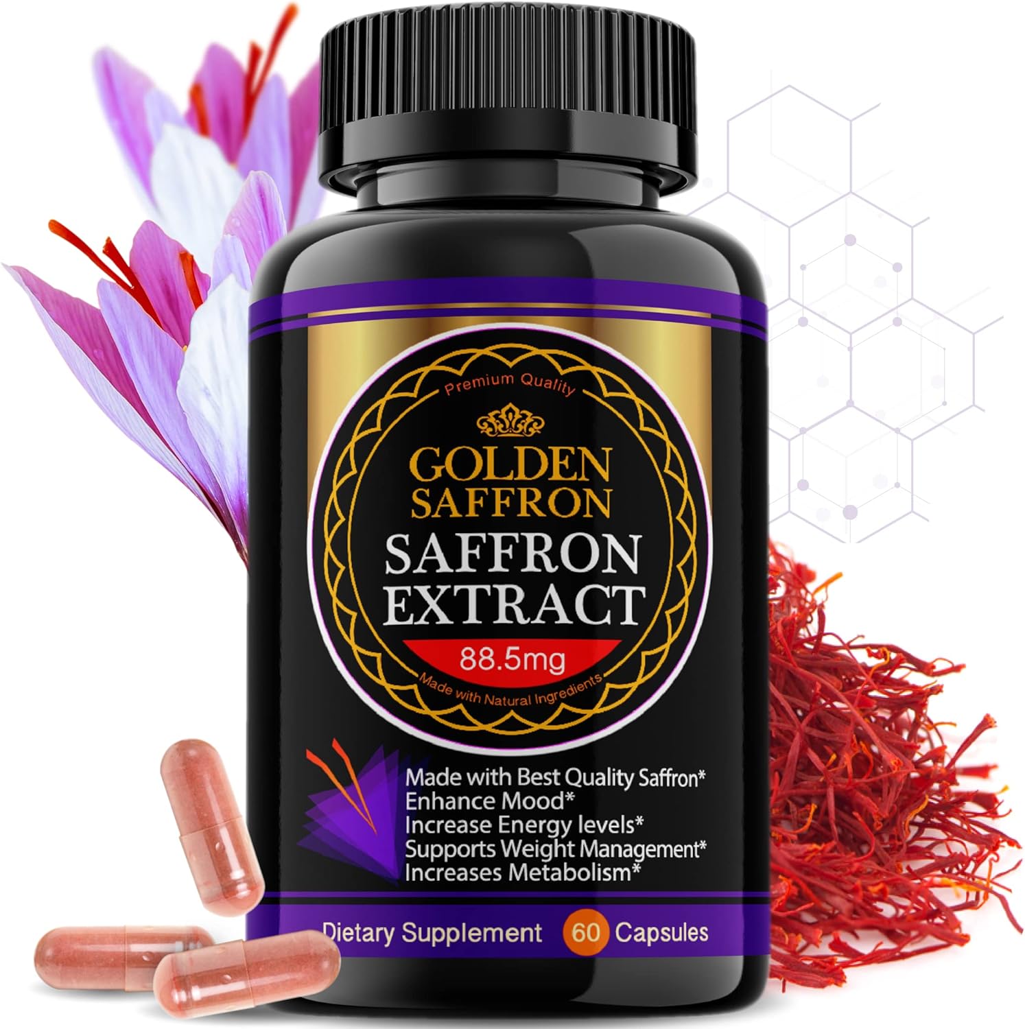 Golden Saffron, Saffron Extract 8825 (Vegetarian) - Best All Natural Appetite Suppressant That Works - 88.5 mg per Capsu