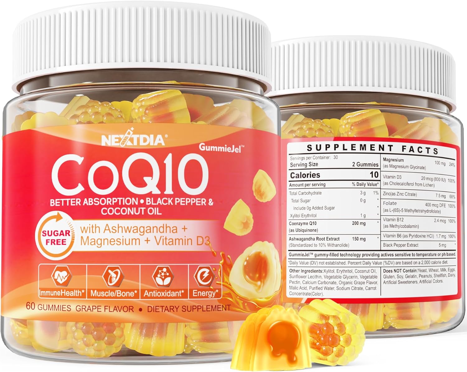 Sugar-Free CoQ10 200mg 100mg Filled Gummies with Magnesium, Ashwagandha,Vitamin D3, B12, B6, B9,Ultra Absorption Coenzyme Q10 (Ubiquinone),For He-art,Muscle & Bone Strong,Cellular Energy,Relax & Mood