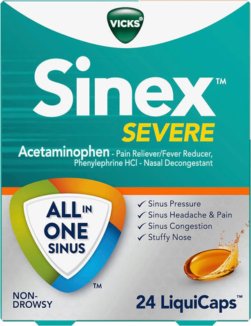 Vicks Sinex Severe Liquicaps, All-In-One Sinus Relief, Non-Drowsy, Nasal Decongestant, Maximum Strength Relief Of Sinus Headache, Pain, Pressure, & Congestion, 24 Liquicaps