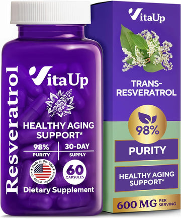 Trans-Resveratrol Supplement – Usa Made Resveratrol Capsules 600Mg - Standardized To 98% Trans-Resveratrol – Antioxidant For Healthy Aging, Energy & Cardiovascular Support – 60 Capsules