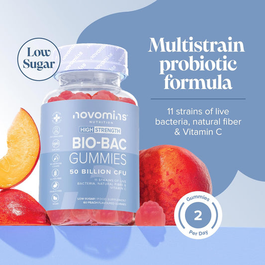 Probiotic Gummies – Bio-Bac 50 Billion Cfu Probiotics For Gut Health 11 Strains Of Live Bacteria - Pro Biotics For Gut Health Probiotic Supplements For Men And Women - Novomins