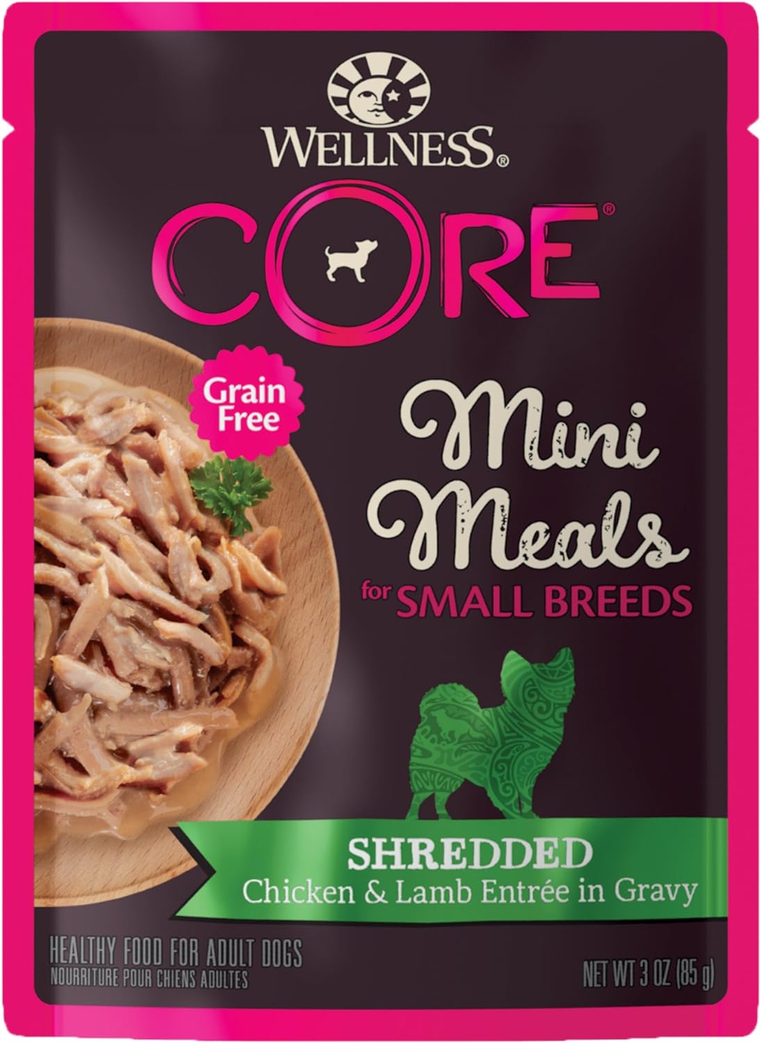 Wellness Core Natural Grain Free Small Breed Mini Meals Wet Dog Food, Shredded Chicken & Lamb Entrée In Gravy, 3-Ounce Pouch (Pack Of 12)