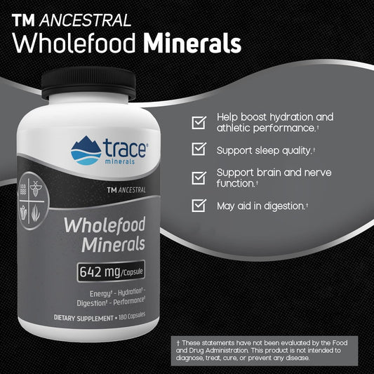 TM ANCESTRAL Wholefood Minerals Capsules | 642 mg/capsule (180 capsules) | Supports Hydration, Sleep, Brain, Nerves, & Digestion | Includes Bee Pollen, Atlantic Kelp, Ancient Sea Salt, and ConcenTrace