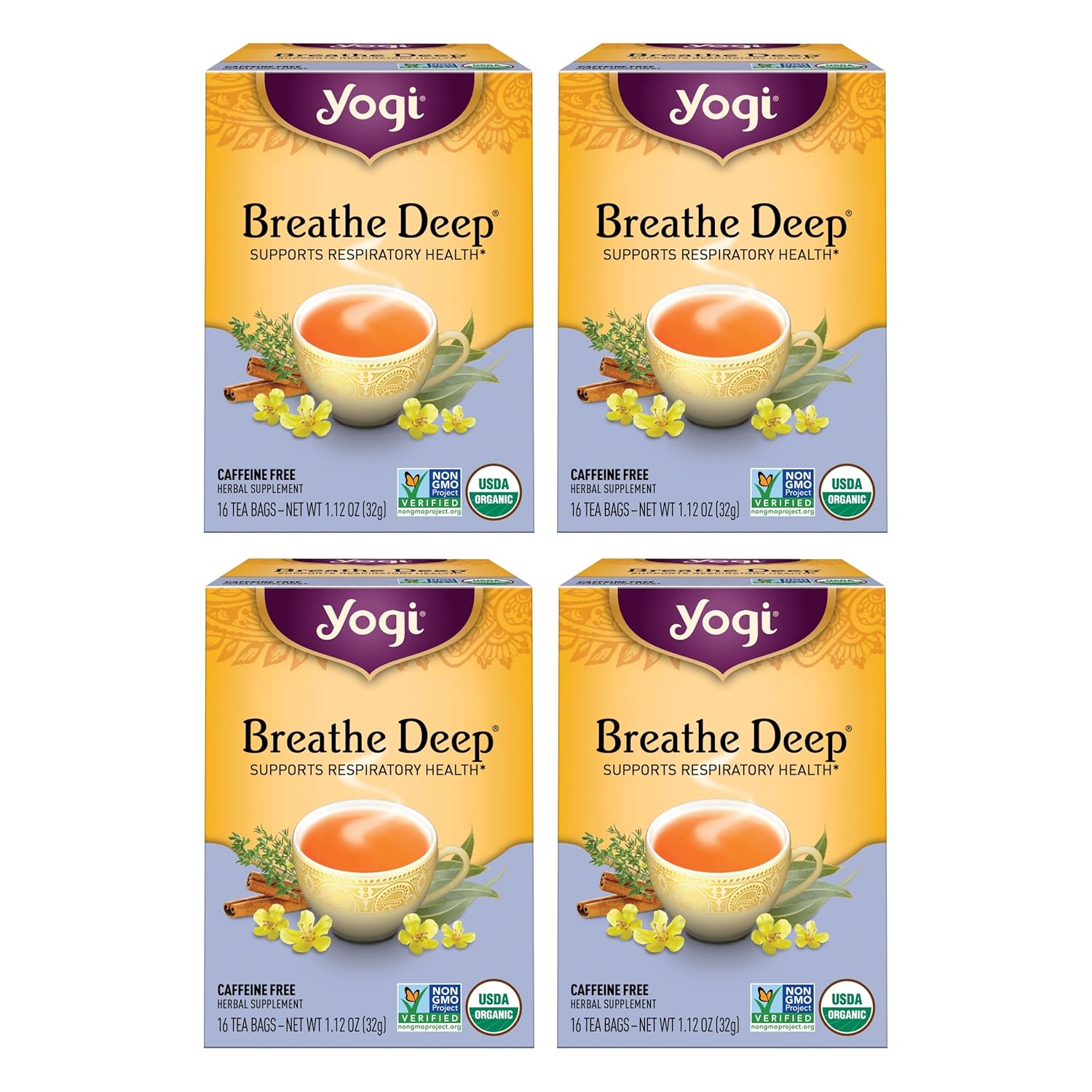 Yogi Tea Breathe Deep Tea - 16 Tea Bags Per Pack (4 Packs) - Organic Respiratory Tea - Supports Respiratory Health - Includes Licorice Root, Eucalyptus Leaf, Ginger Root & Cinnamon Bark