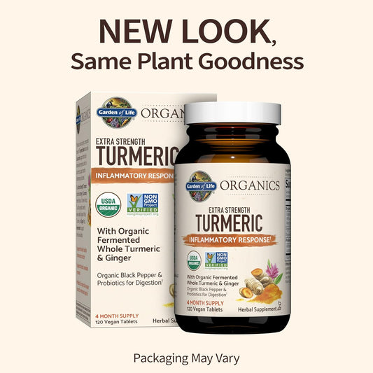 Garden of Life Organics Extra Strength Turmeric Inflammatory Response 120 Tablets-100Mg Curcumin (95% Curcuminoids) Black Pepper, Probiotics, Organic Non-GMO Vegan Gluten Free Herbal Supplement