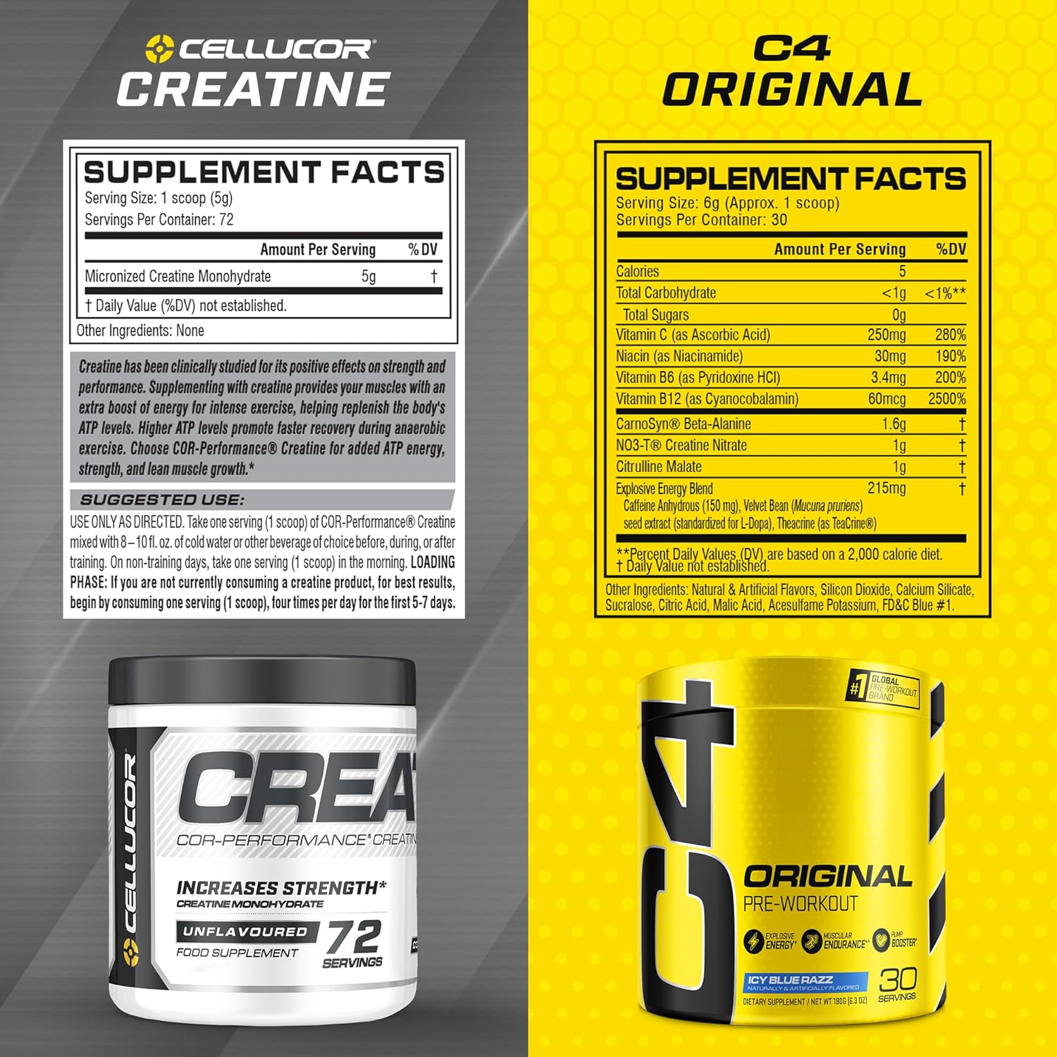 Cellucor Pre Workout & Creatine Bundle, C4 Original Pre Workout Powder, Icy Blue Razz, 30 Servings + Cor Performance Creatine Powder, 72 Servings : Health & Household