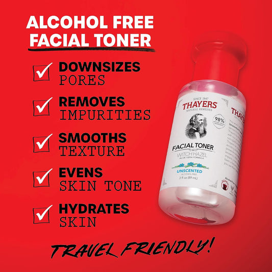 Thayers Trial Size Alcohol Free Unscented Witch Hazel Facial Toner With Aloe Vera Formula- 3 Oz