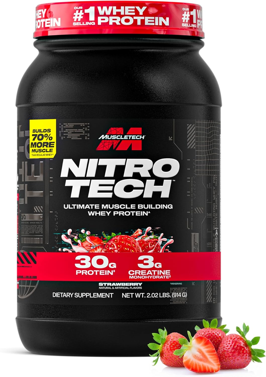 Muscletech Whey Protein Powder (Strawberry, 2.2 Pound) - Nitro-Tech Ultimate Muscle Building Formula With Whey Protein Isolate & Peptides - 30G Of Protein, 3G Of Creatine & 6.8G Of Bcaa