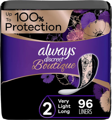 Always Discreet Boutique Adult Incontinence & Postpartum Liners For Women, Size 2, Very Light Absorbency, Long Length, 32 Count x 3 Packs (96 Count total)