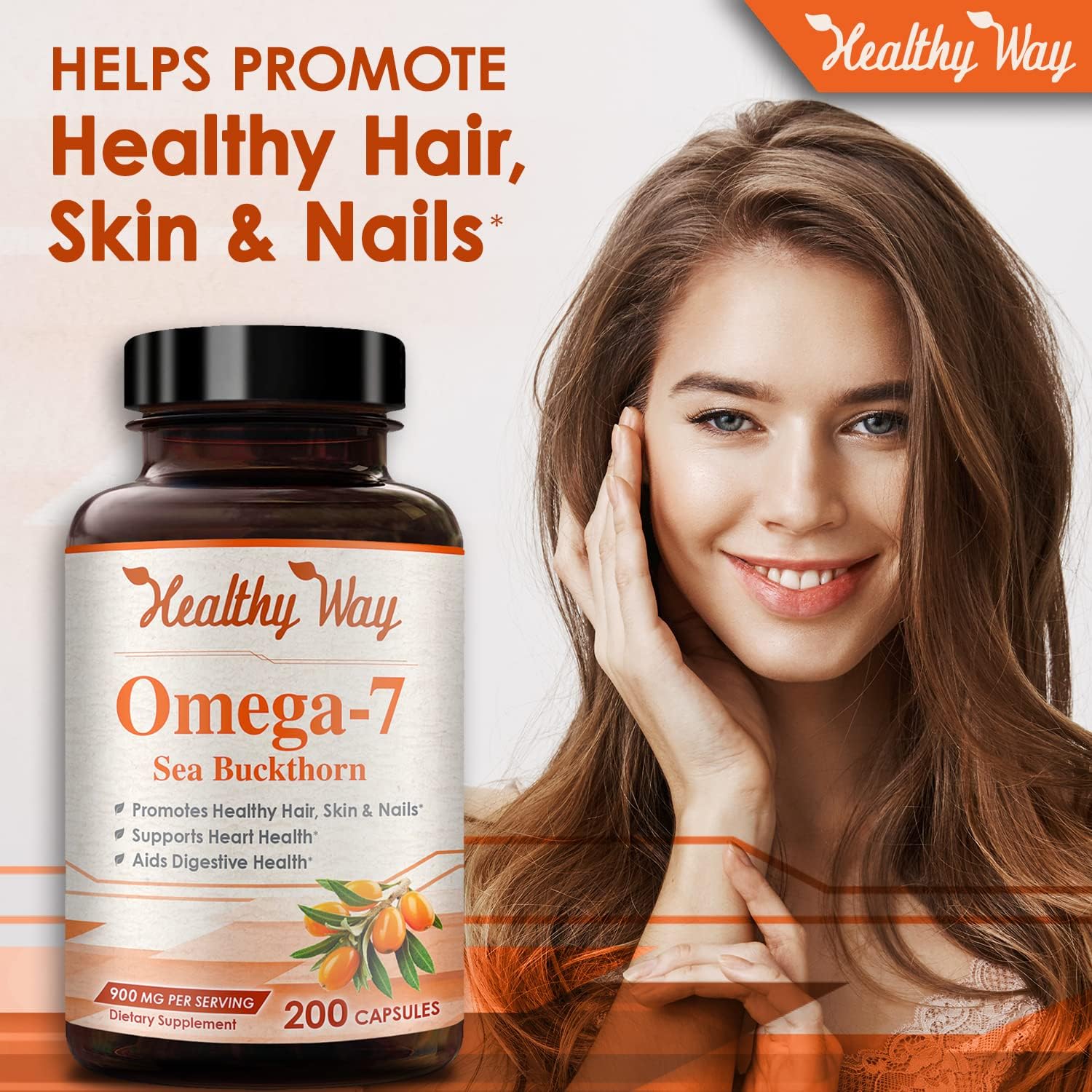 Healthy Way Pure Omega 7 Fatty Acids 200 Capsules 900mg Natural Sea Buckthorn Oil, NON-GMO USA Made