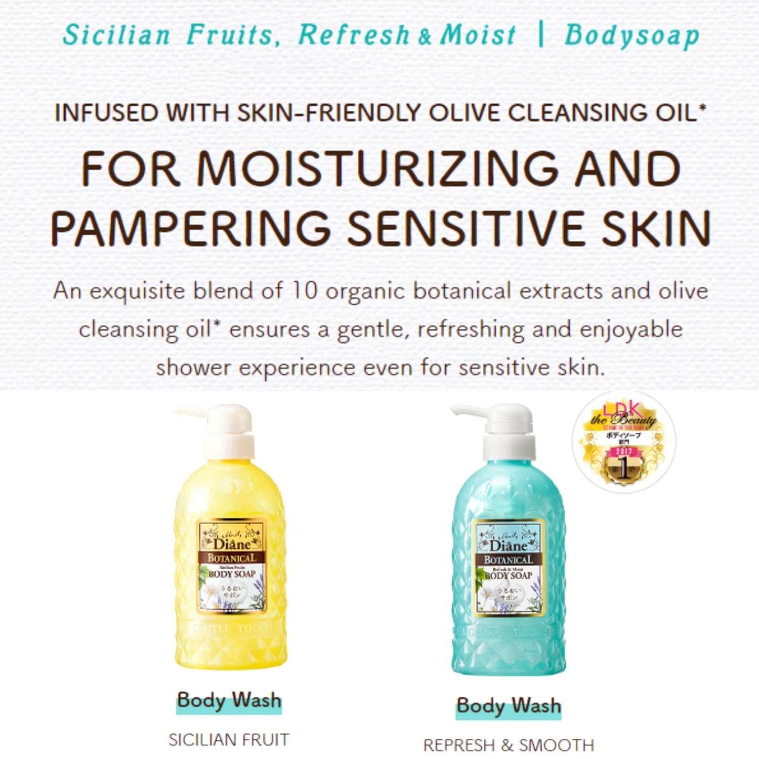 Moist Diane Hydrating & Moisturuizing Body Soap, Japan Natural Body Gel For Kids, Women, Men W/ Dry & Sensitive Skin, Organic Body Wash With Pump, Sulfate-Free Liquid Soap, Botanical Citrus 16.9 Fl Oz