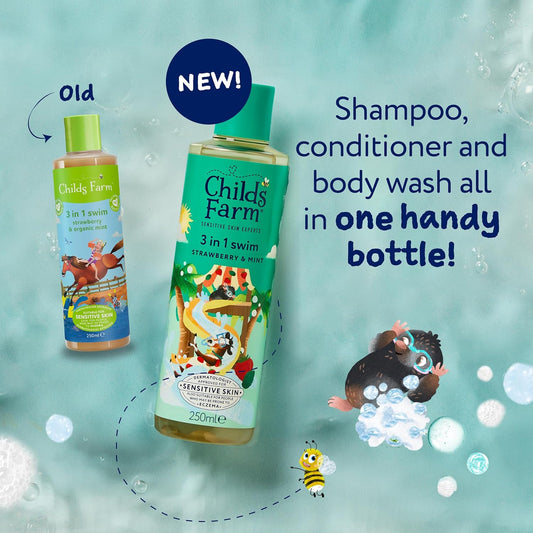 Childs Farm Kids 3 In 1 Swim, Strawberry & Mint - Body Wash, Shampoo & Conditioner | Tear-Free | Suitable For Dry, Sensitive Skin, 250Ml (Pack Of 2)