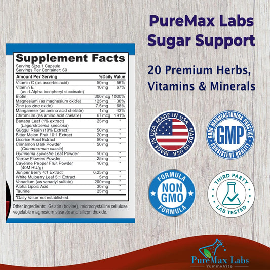 Sugar Support Supplement With Cinnamon, Chromium, Mulberry, Alpha Lipoic Acid - 20 Herbs & Vitamins - Non-Gmo, 60 Capsules