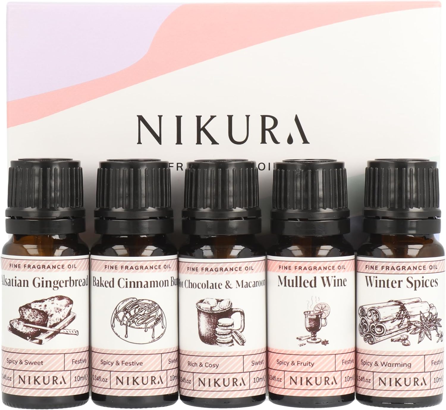 Nikura Winter Treats Fine Fragrance Oil Gift Set - 5 X 10Ml | Perfect For Diffusers For Home, Soap & Candle Making, Wax Melts, Burner | Great For Use In Bath Bombs, Perfume Scents | Vegan & Uk Made