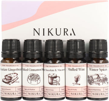 Nikura Winter Treats Fine Fragrance Oil Gift Set - 5 x 10ml | Perfect for Diffusers for Home, Soap & Candle Making, Wax Melts, Burner | Great for use in Bath Bombs, Perfume Scents | Vegan & UK Made