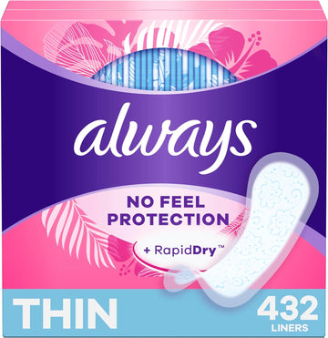 Always Thin No Feel Protection Daily Liners, Regular Absorbency, Unscented, 216 Count x 2 (432 Count Total)