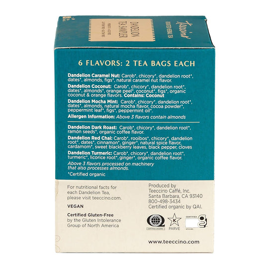 Teeccino Dandelion Tea Sampler – Caramel, Coconut, Dark Roast, Mocha Mint, Red Chai, Turmeric – Roasted Herbal Tea That’S Caffeine Free & Prebiotic With Detoxifying Dandelion, 12 Tea Bags