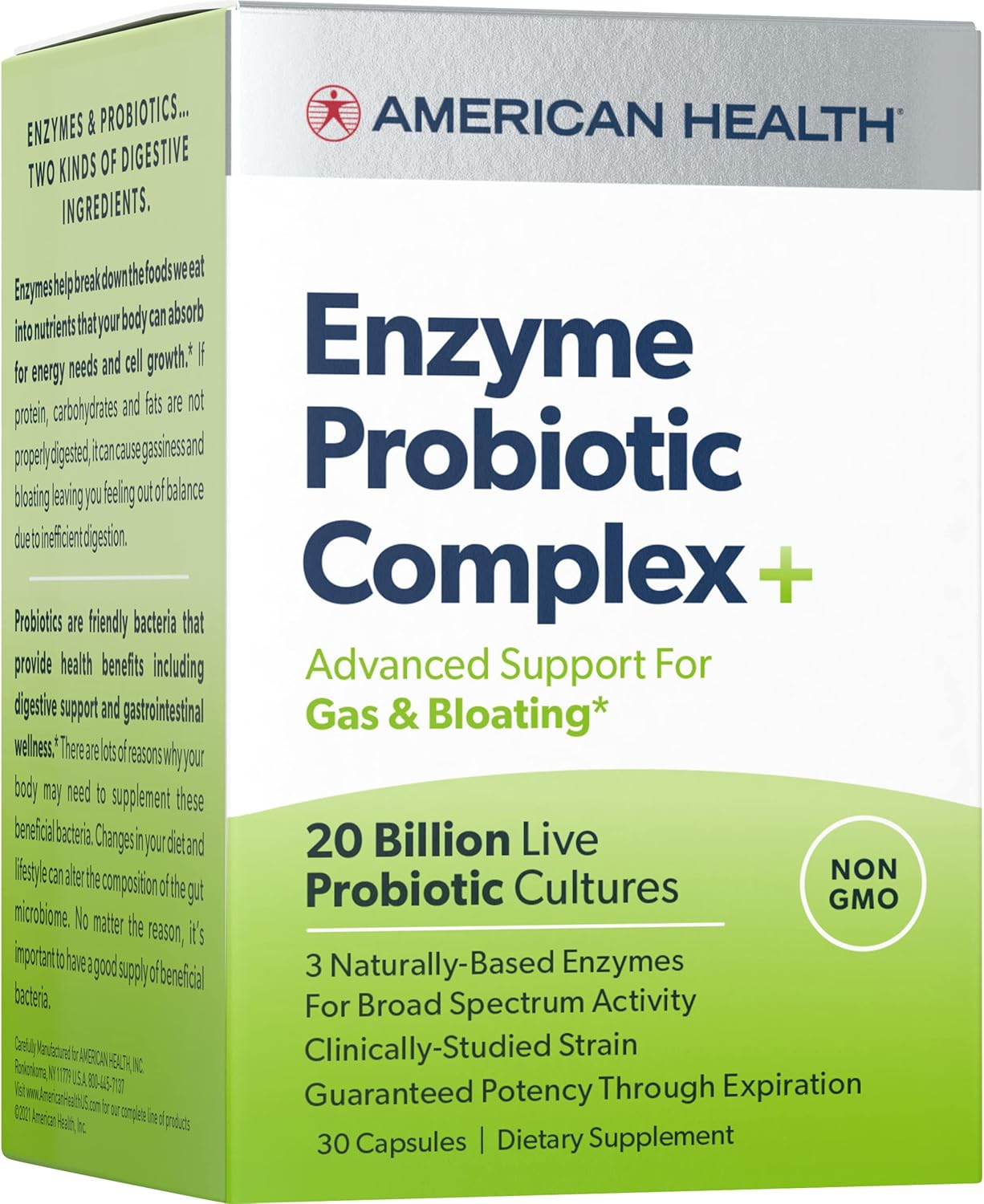 American Health Enzyme Probiotic Complex Plus, 20 Billion Microorganisms - Clinically Studied Strain - Advanced Support For Gas & Bloating* - Non-Gmo - 30 Capsules, 30 Total Servings