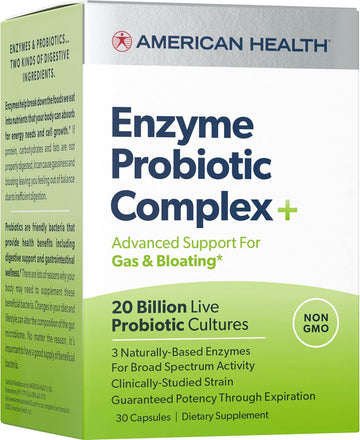 American Health Enzyme Probiotic Complex Plus, 20 Billion Microorganisms - Clinically Studied Strain - Advanced Support For Gas & Bloating* - Non-Gmo - 30 Capsules, 30 Total Servings