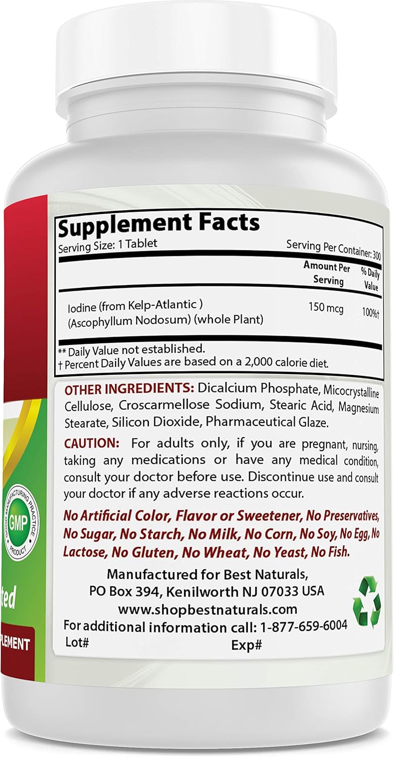 Best Naturals Kelp Supplement 150 Mcg Tablet, 300 Count : Health & Household