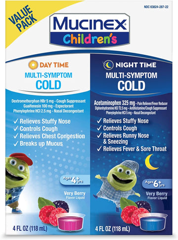 Mucinex Children'S Day & Night Combo Pack, Kids Cold Medicine / Kids Cough Medicine, Daytime Cold Medicine & Night Time Cold And Flu Medicine, Mucinex Kids Medicine, Berry Flavor Liquid (2 X 4 Fl Oz)