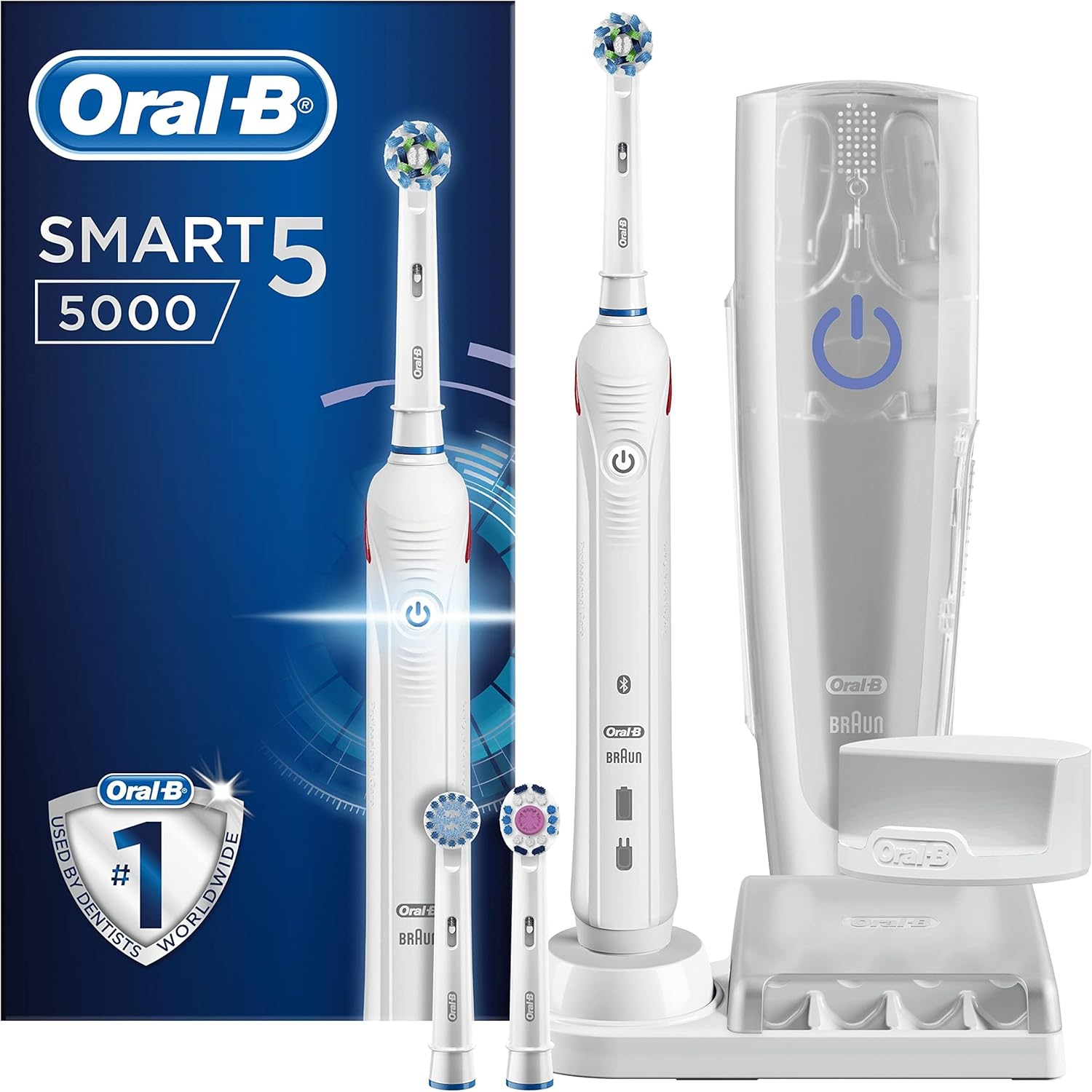 Oral-B Smart 5 Electric Toothbrushes For Adults, Mothers Day Gifts For Her / Him, App Connected Handle, 3 Toothbrush Heads & Travel Case, 5 Modes With Teeth Whitening, 2 Pin Uk Plug, 5000, White