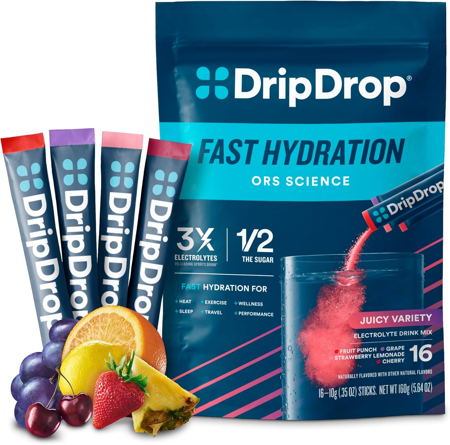 Dripdrop Hydration Juicy Variety Pack - Electrolyte Drink Mix Single-Serve Powder Packets - Grape, Fruit Punch, Strawberry Lemonade, Cherry - 16 Servings